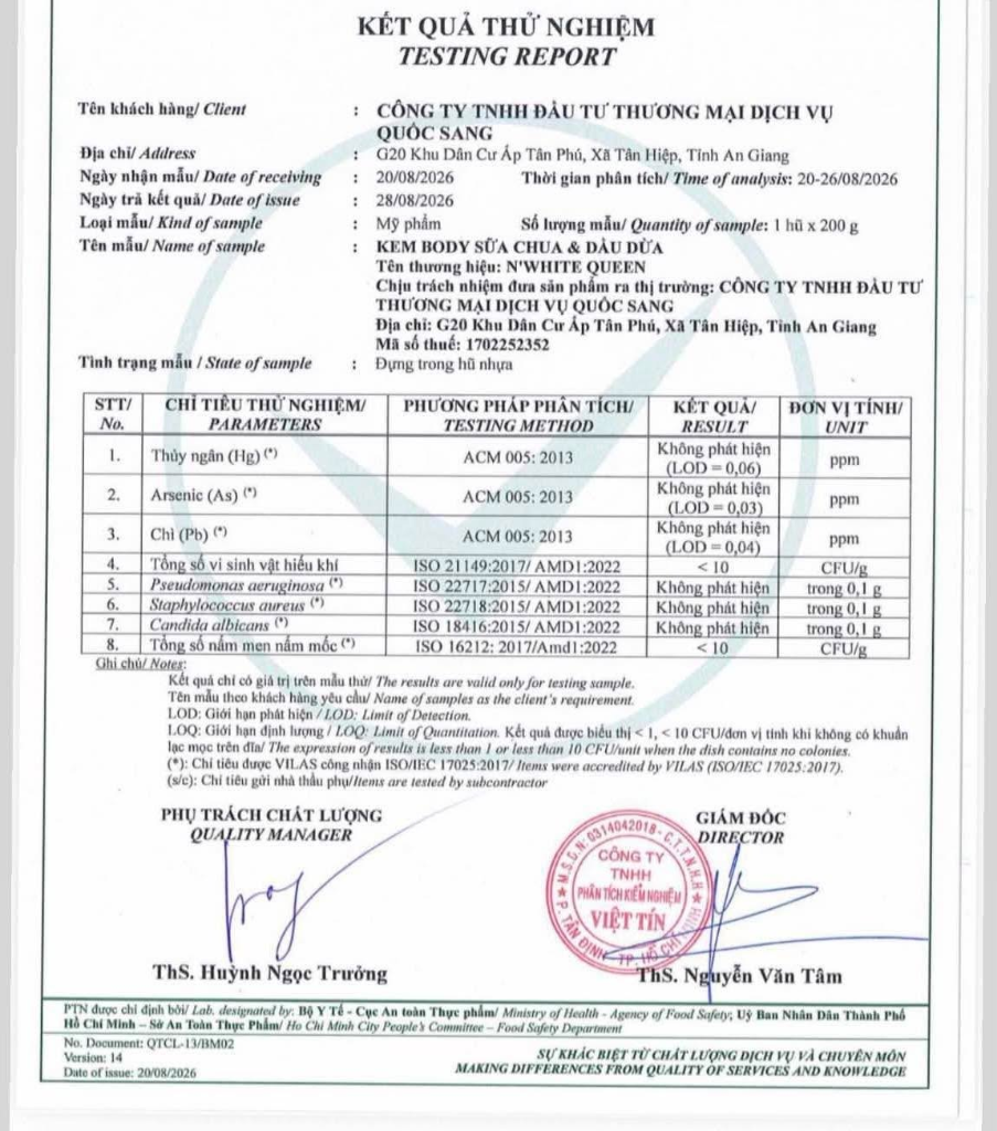 Kết quả thử nghiệm kiểm nghiệm Việt Tín